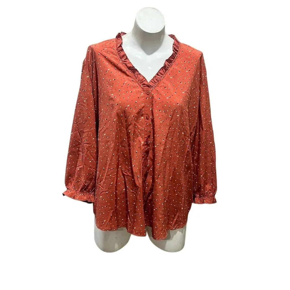 Ava Rose Women's Plus 2X Rust Polka Dot Ruffle Blouse Long Sleeve - Picture 3 of 8